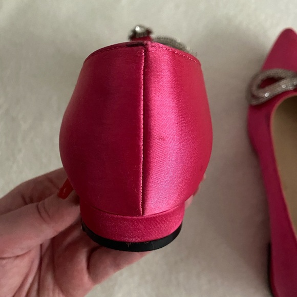 Pink pointed toe ballet flat slip on micro heel shoes rhinestone bow detail - Picture 5 of 13